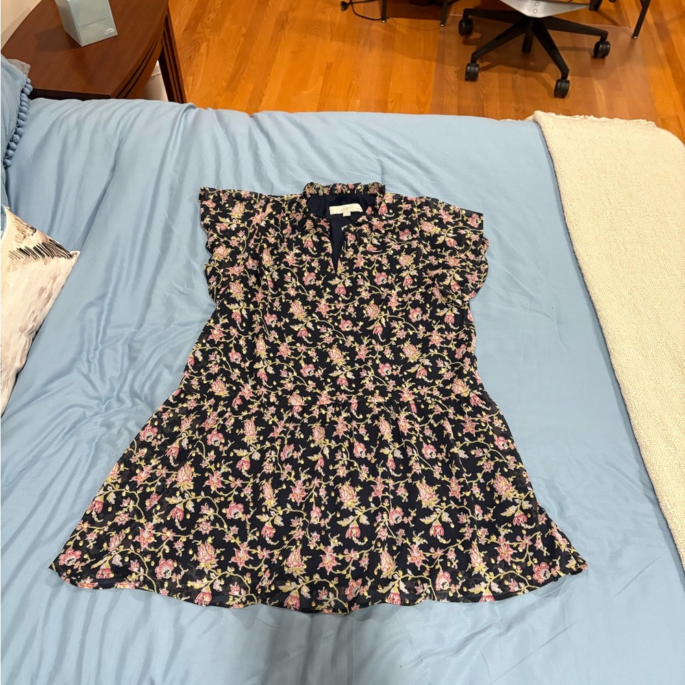 LOFT Black Floral Ruffle-Sleeve Mini Dress